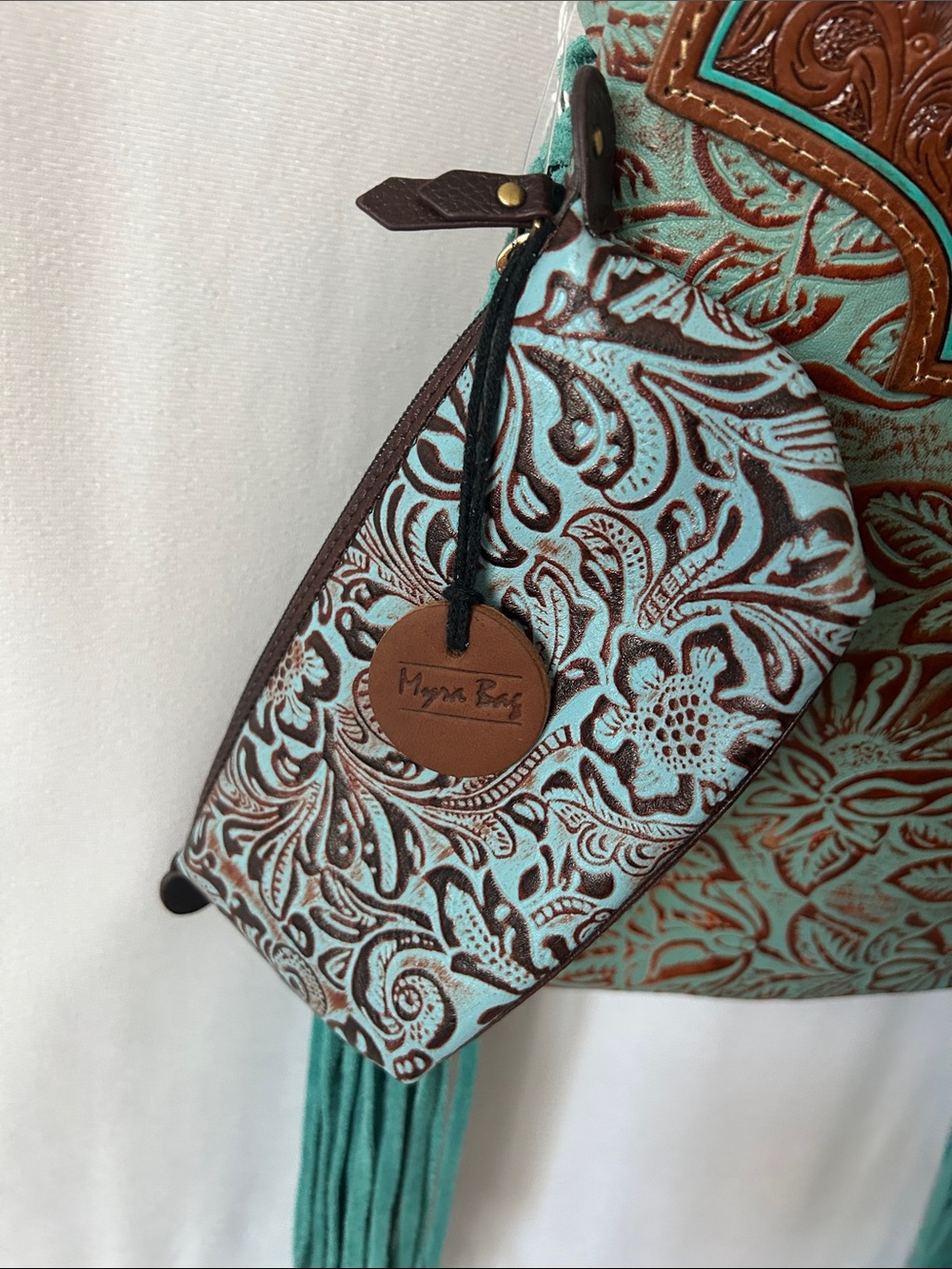 Myra Bag NWT Turquoise Floral Tooled Leather Suede Fringe Crossbody Bag w/ Pouch - Picture 7 of 9